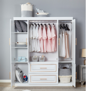 74" H 4 Doors Wardrobe Closet 2 Drawers White Wooden Closet Wardrobe