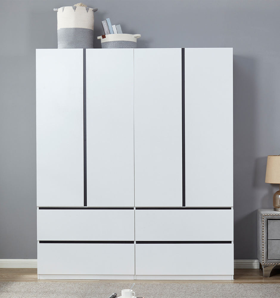 74.2" H 4 Doors White Wood Wardrobe Closet Armoire with Black line