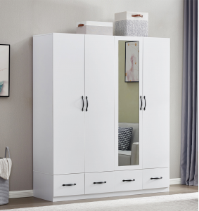 Mirror Wardrobe Closet 4 Doors White Wooden Freestanding Armoire