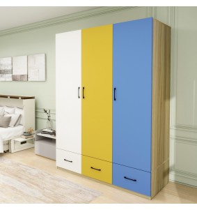 Wooden Armoire Wardrobe Closet, Armoires with Hanging Rod,3 Color Doors ,3 Storage Cabinets and 3 Drawers for Bedroom