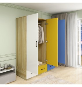 Wooden Armoire Wardrobe Closet, Armoires with Hanging Rod,3 Color Doors ,3 Storage Cabinets and 3 Drawers for Bedroom