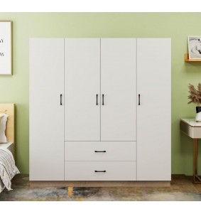 Wooden Armoire Wardrobe Closet 4 Doors with 2 Drawers 2 Hanging Rods and Shelves for Bedroom,White