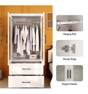 2 Doors Armoire Wardrobe Closet,Wardrobe Cabinet with Drawers, Hanging Rod and Storage Cabinet for Bedroom,White