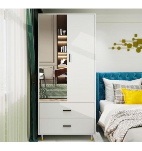 2 Doors Armoire Wardrobe Closet , 2 Drawers and Mirror  for Bedroom, White Wardrobe Closet Clothes Storage Organization