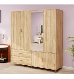 Wooden Armoire Wardrobe Closet Storage Cabinet with 4 Doors, 2 Hanging Rods, 2 Drawers and Mirror for Clothes Organization Shelving