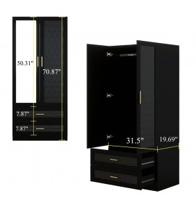 2 Door Armoire Wardrobe Closet with Mirror Door, Armoire Wardrobe Closet with Hanging Rod for Bedroom,Black   