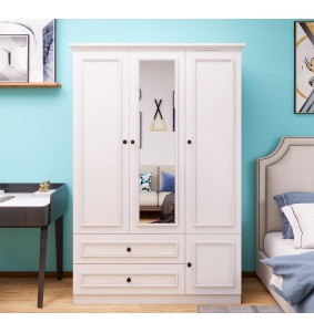 Tall  Armoire Wardrobe Closet Wooden with 3 Doors,  2 Drawers and Mirror Large Capacity Large Wardrobe Closet for Bedroom,White