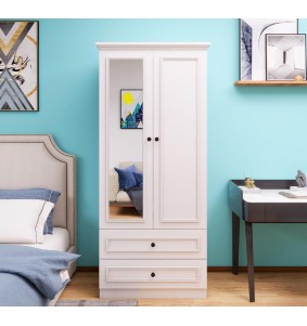 Wooden Armoire Wardrobe Closet with Mirror Door, 2 Door Modern Armoire Wardrobe Closet with Hanging Rod for Bedroom,White