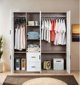 Armoire Wardrobe Closet 4 Doors  White Wooden Bedroom Closet Freestanding