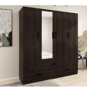 Mirror Door Brown Wooden Wardrobe Armoire Closet 63'W with 4 Doors,2 rods&4 shelves and 3 drawers.