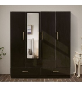 Black Wooden Mirror Door Wardrobe Armoire Closet 63'W with 4 Doors,2 rods&4 shelves and 3 drawers.