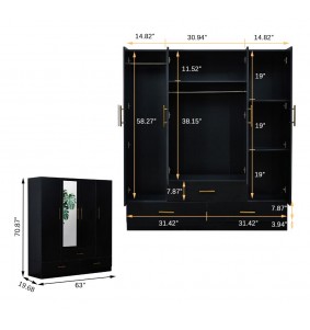 Black Wooden Mirror Door Wardrobe Armoire Closet 63'W with 4 Doors,2 rods&4 shelves and 3 drawers.