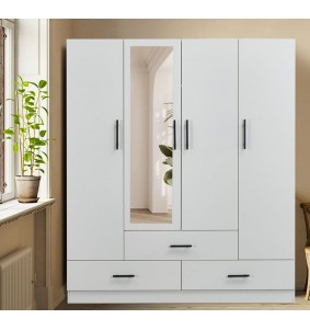 White Wooden Mirror Door Wardrobe Armoire Closet 63'W with 4 Doors,2 rods&4 shelves and 3 drawers.