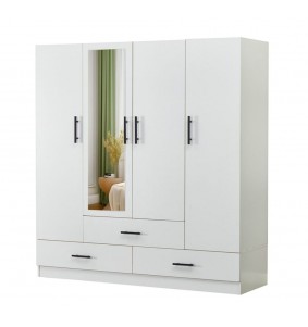 White Wooden Mirror Door Wardrobe Armoire Closet 63'W with 4 Doors,2 rods&4 shelves and 3 drawers.