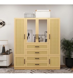 4 Doors Manufactured Wooden Wardrobe Armoire Closet with 2 mirror doors,63'W wardrobe cabinet with 5 shelves,4 drawers and 2 rods.