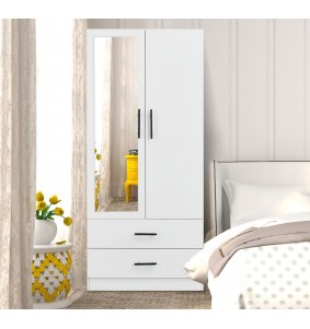 2 Doors White Wooden Wardrobe Armoire Closet 32'W with 2 drawers,3 shelves and rod.