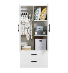 2 Doors White Wooden Wardrobe Armoire Closet 32'W with 2 drawers,3 shelves and rod.