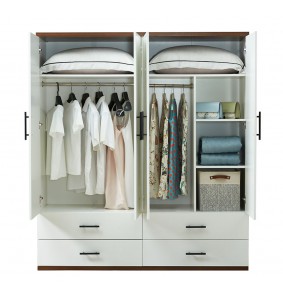 4 Doors White Wooden Wardrobe Armoire Closet 63'W with 4 drawers,5 shelves and 2 rods.