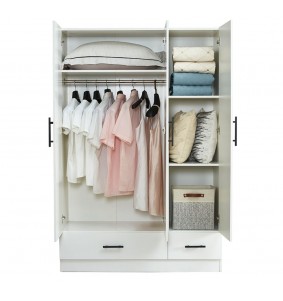 3 Doors White Wooden Wardrobe Armoire Closet 47'W with 4 shelves,2 drawers and rod.