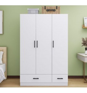 3 Doors White Wooden Wardrobe Armoire Closet 47'W with 4 shelves,2 drawers and rod.