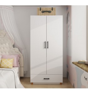 2 Doors White Manufactured Wooden Wardrobe Armoire Closet 32'W with 4 shelves,drawer and rod.