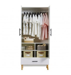 2 Doors White Manufactured Wooden Wardrobe Armoire Closet 32'W with 4 shelves,drawer and rod.