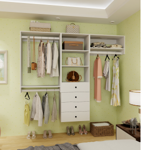 White Wooden Closet System with 4 drawers,4 shelves and 3 rods