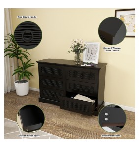 Black Wide Chest of Drawers for Bedroom, Dresser with 6 Large Drawers for Living Room, Modern Dresser Dresser Wood with Antique Pulls for Hallway	 		 