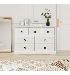 Wood Dresser with 7 Drawers, Wide Chest of Drawers for Bedroom and Living Room, Modern Large Capacity Storage Chest of Drawers  with Black Handles Entryway		 		 		