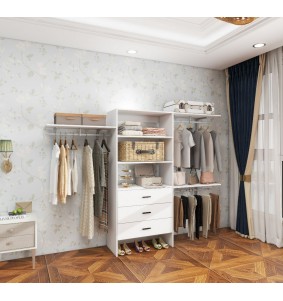 Wood Closet System with 3 Drawers, White Built-in Closet Organizer, Walk-in Closet with Hanging Rod and Shelves for Bedroom