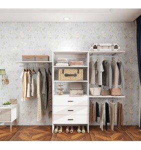 Wood Closet System with 3 Drawers, White Built-in Closet Organizer, Walk-in Closet with Hanging Rod and Shelves for Bedroom