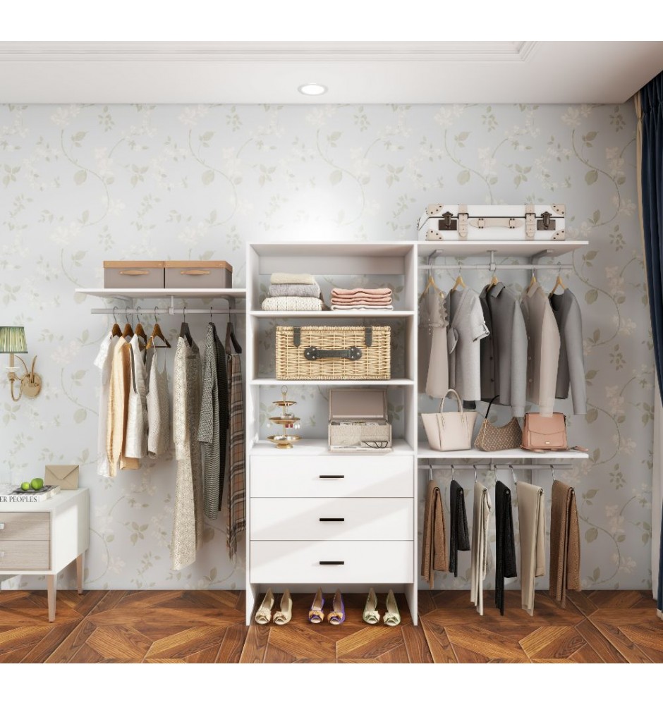 Wood Closet System with 3 Drawers, White Built-in Closet Organizer, Walk-in Closet with Hanging Rod and Shelves for Bedroom