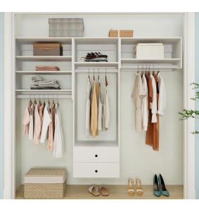 White Manufactural Wooden Closet System Wardrobe with 3 rods 5 shelves and 2 drawers