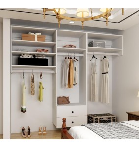 White Manufactural Wooden Closet System Wardrobe with 3 rods 5 shelves and 2 drawers