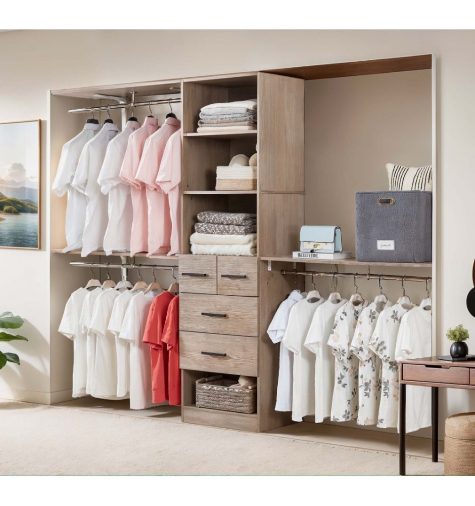 Closet Organizer System with 3 Shelf Towers,Closet System with 4 Drawers Armoire Wardrobe Closet