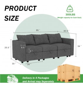 Modular Sectional Couch 3 Seats Sectional Couches with Storage Sectionals Modular Sofa Sectionals Couch for Livingroom ,Gray