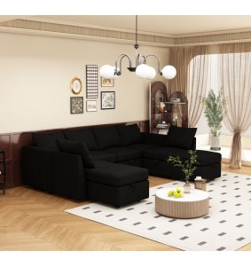 Black  Modular Sectional Sofa U Shaped Sectional Couch with Ottomans Reversible Modular Sofa\with Storage Seat