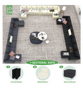 Black  Modular Sectional Sofa U Shaped Sectional Couch with Ottomans Reversible Modular Sofa\with Storage Seat