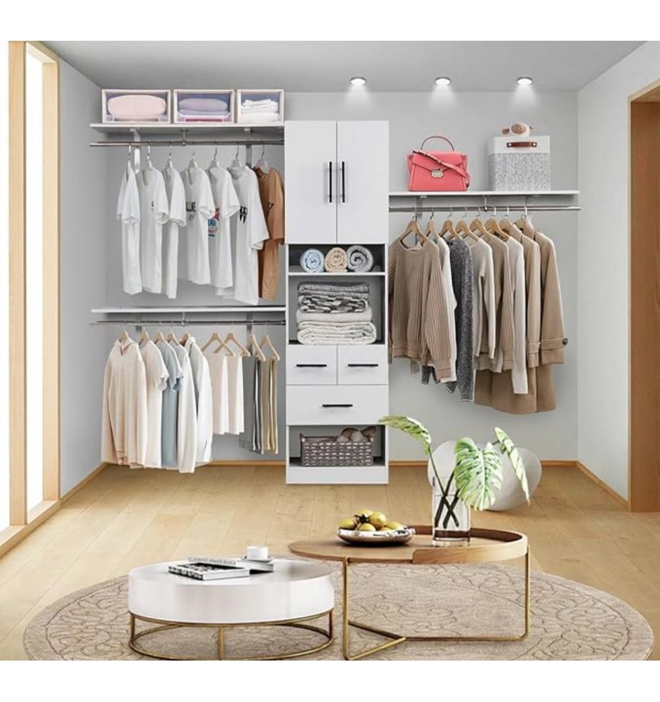 58" W - 96" W Wooden Bedroom Wardrobe Armoire Closet System with 4 shelves,3 rods,3 drawers and 2 doors